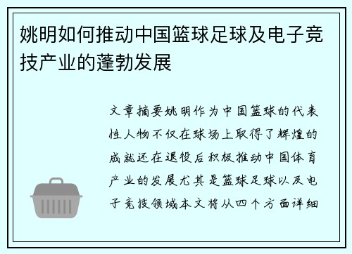 姚明如何推动中国篮球足球及电子竞技产业的蓬勃发展