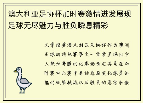澳大利亚足协杯加时赛激情迸发展现足球无尽魅力与胜负瞬息精彩